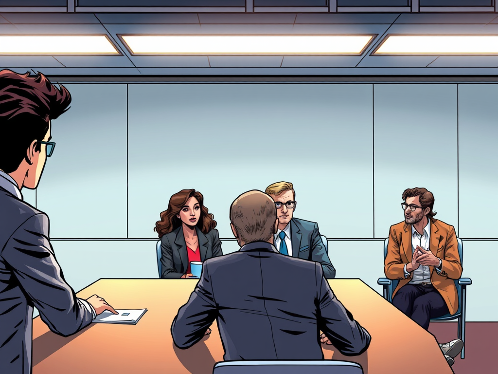 Cartoon image of a research grant panel interview, with two people presenting their ideas to three panel members