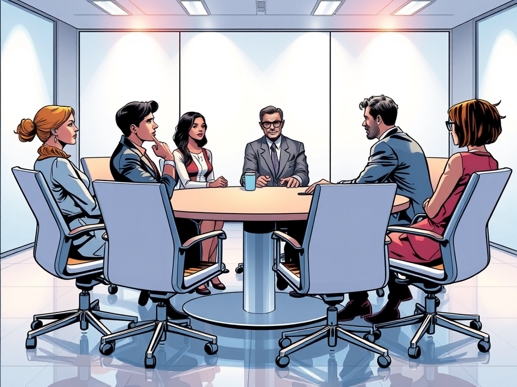Cartoon of people sat around a meeting table