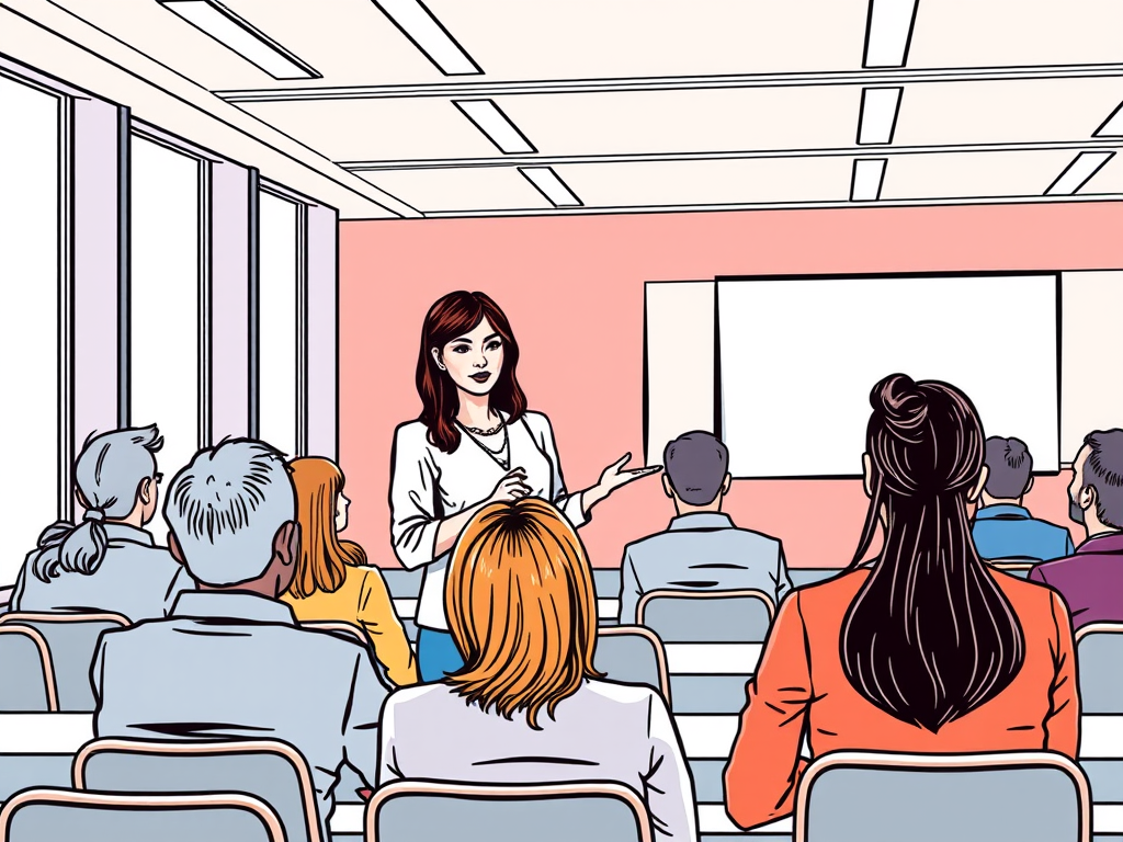 Cartoon image of research grant writing training session, with a woman presenting at the front of the room